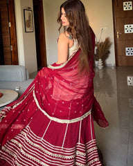 Off-White and Wine Red Embroidered Sharara Suit Set with Dupatta
