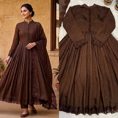 Dark Brown Mandarian Neck Pleated Anarkali Suit Set