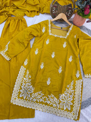 Elegant Mustard Yellow Silk-Blend Embroidered Kurta Set with Palazzo