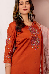 Designer Rust Kurti Pant Set with Floral Thread Work and Zari Border Dupatta