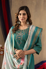 Traditional Rama Green Festive Wear Suit Set with Heavy Embroidery and Floral Dupatta