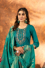 Teal Green Straight Kurta Set with Gold Zari Banarasi Dupatta and Intricate Neck Embroidery