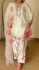 Elegant White Silk Salwar Suit with Pink Floral Embroidery & Organza Dupatta