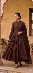 Dark Brown Mandarian Neck Pleated Anarkali Suit Set