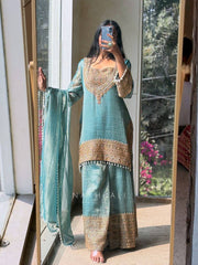 Designer Festive Wear Teal Blue Kurta Set - Intricate Golden Embroidery & Pearl Border Finish