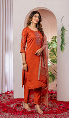 Designer Rust Kurti Pant Set with Floral Thread Work and Zari Border Dupatta