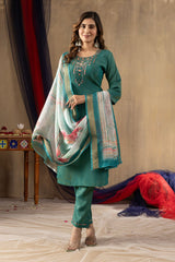 Traditional Rama Green Festive Wear Suit Set with Heavy Embroidery and Floral Dupatta
