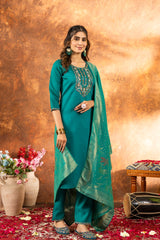 Teal Green Straight Kurta Set with Gold Zari Banarasi Dupatta and Intricate Neck Embroidery