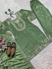 Designer Sage Green Embroidered Salwar Kameez Set for Weddings & Festive Wear