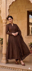Dark Brown Mandarian Neck Pleated Anarkali Suit Set