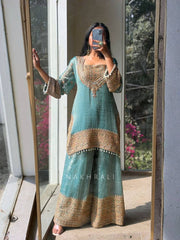 Designer Festive Wear Teal Blue Kurta Set - Intricate Golden Embroidery & Pearl Border Finish