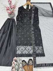 Designer Black 3-Piece Salwar Kameez - Heavily Embroidered Kurta with Flared Palazzo