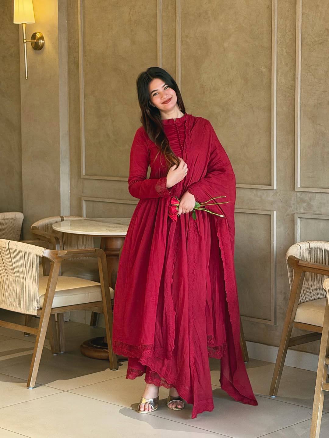 Bridal Red Mandarin Neck Flared Anarkali Kurta Set with Dupatta