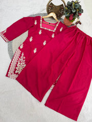 Rani Pink Silk Embroidered Kurta Suit Set with Sequence Work Dupatta