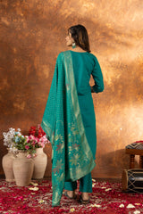 Teal Green Straight Kurta Set with Gold Zari Banarasi Dupatta and Intricate Neck Embroidery