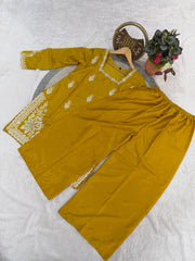 Elegant Mustard Yellow Silk-Blend Embroidered Kurta Set with Palazzo