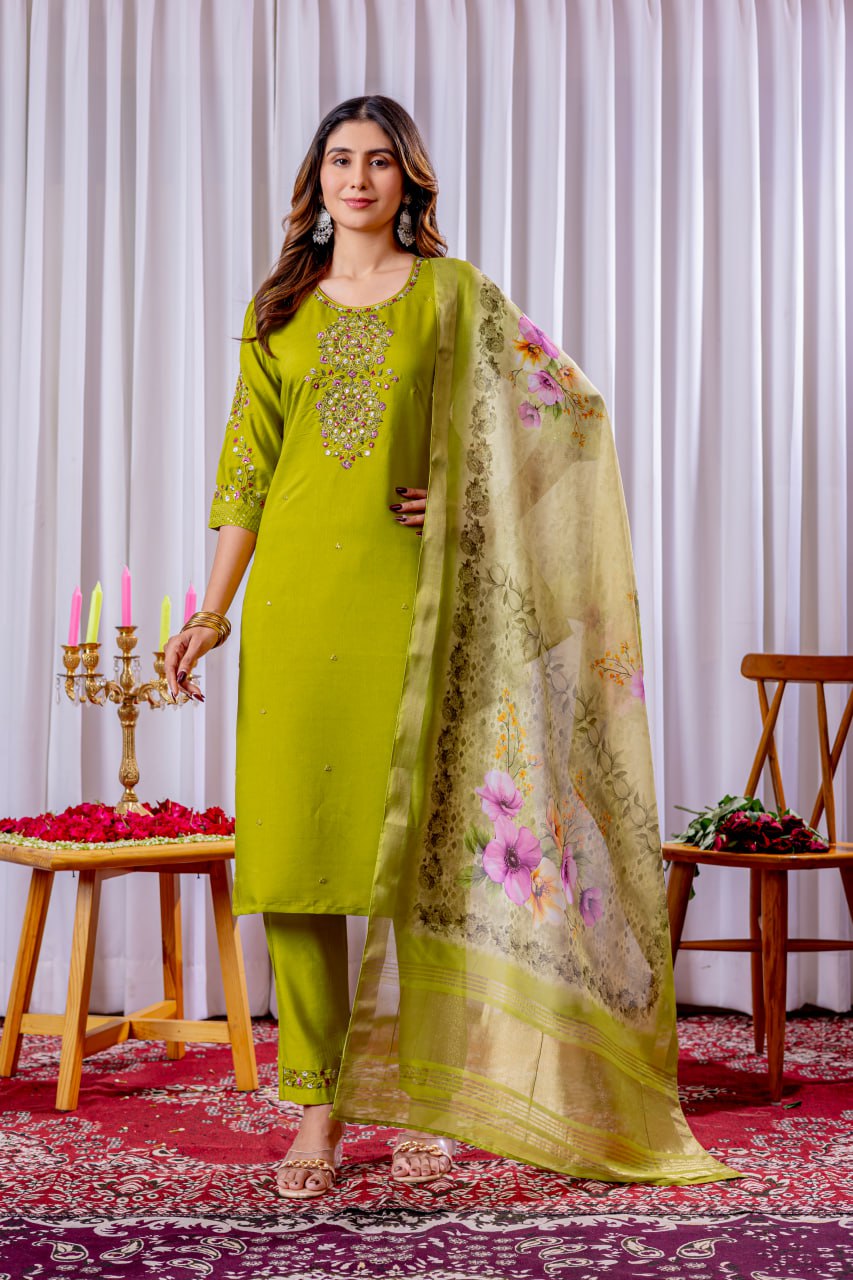 Elegant Lime Green Silk Embroidered Kurta Set with Floral Organza Dupatta