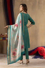 Traditional Rama Green Festive Wear Suit Set with Heavy Embroidery and Floral Dupatta
