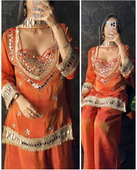 Designer Orange Silk Mirror Work Kurta with Palazzo Set