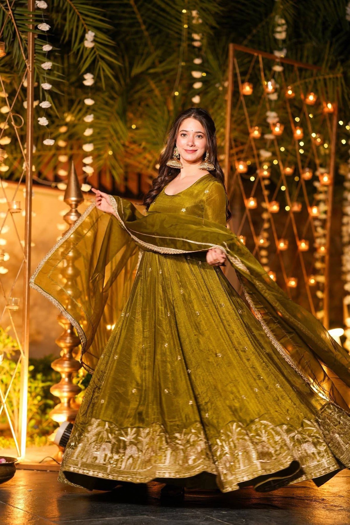 Elegant Olive Green Silk Anarkali Gown with Heavy Zari Border & Matching Dupatta