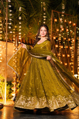 Elegant Olive Green Silk Anarkali Gown with Heavy Zari Border & Matching Dupatta
