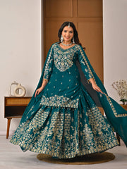 Designer Teal Blue Kurta-Sharara Set with Heavily Ornamented Border & Exquisite Handwork