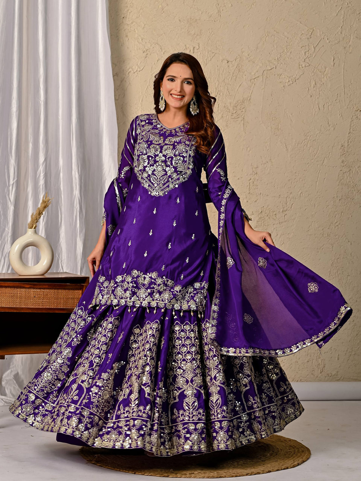 Royal Purple Silk Kurta Set with Embroidered Sharara and Dupatta - Wedding Wear