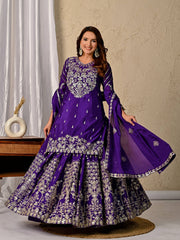 Royal Purple Silk Kurta Set with Embroidered Sharara and Dupatta - Wedding Wear