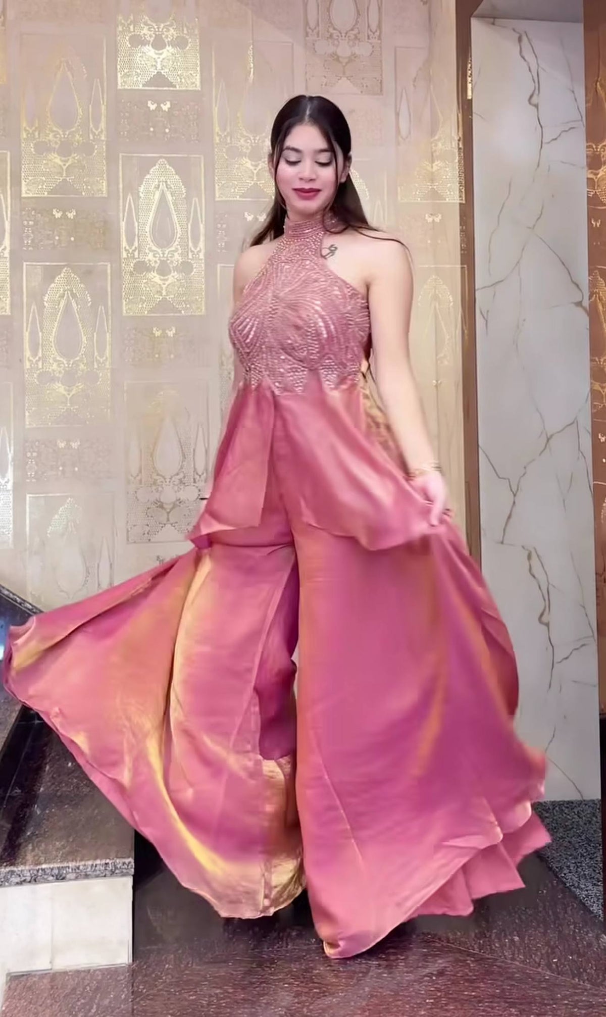 Indo-Western Party Wear: Mauve Pink Silk Blend Peplum Kurti and Flared Sharara