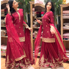 Designer Maroon Festive Wear Sharara Set – Heavily Embroidered Kurti & Flared Bottom