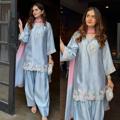 Designer Sky Blue Ethnic Suit for Women – Embroidered V-Neck Kurta with Palazzo and Dupatta Set