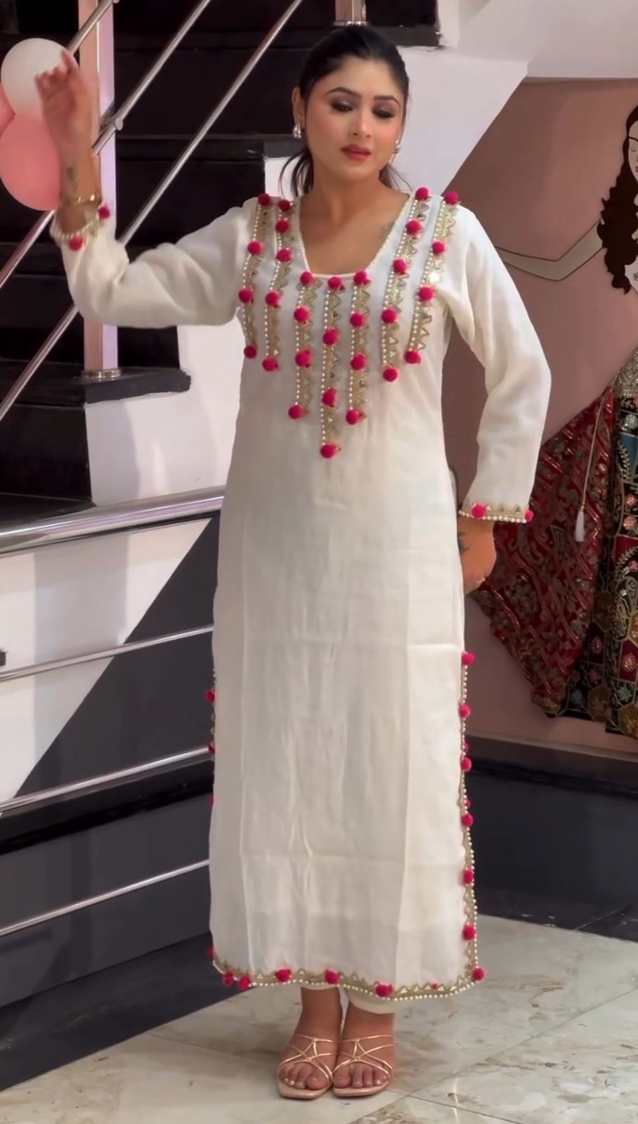 Elegant White Long Kurta with Pink Pom-Pom Detailing & Golden Gota Patti Lace Work