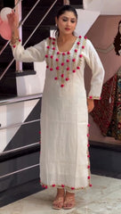 Elegant White Long Kurta with Pink Pom-Pom Detailing & Golden Gota Patti Lace Work