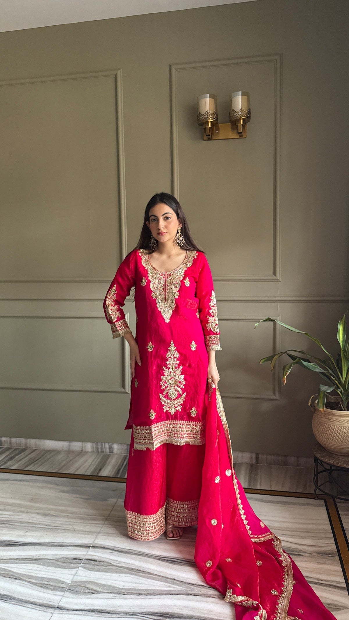 Deep Pink Zari Embroidered Silk Kurta with Matching Palazzo & Dupatta Set