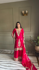 Deep Pink Zari Embroidered Silk Kurta with Matching Palazzo & Dupatta Set
