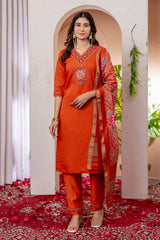 Festive Wear Embroidered Orange Salwar Suit Set with Zari Border Dupatta for Women