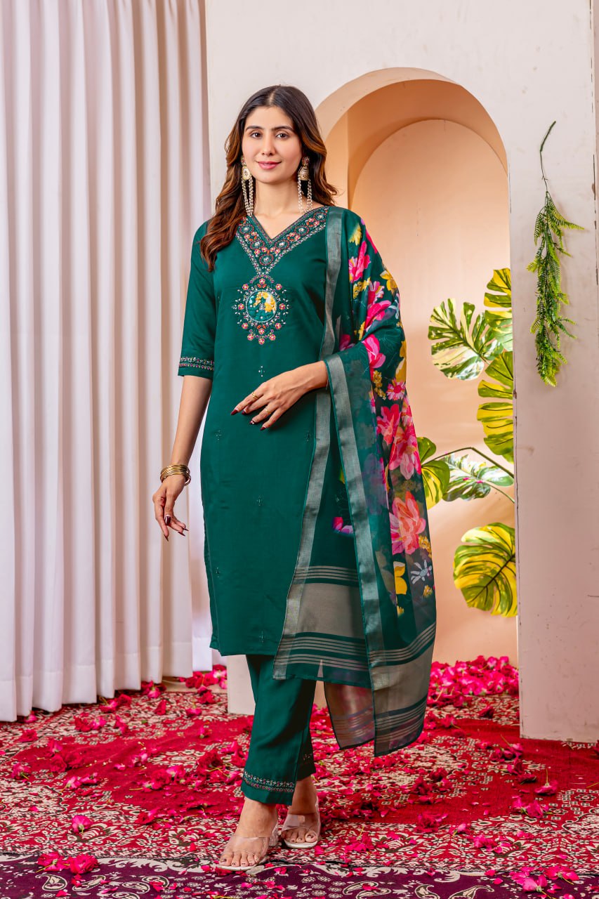 Elegant Bottle Green Silk Blend Kurta Set with Floral Organza Dupatta