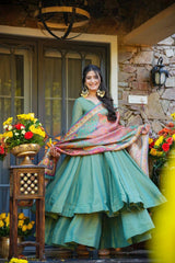 Elegant Sage Green Layered Flared Suit with Traditional Weaved Dupatta