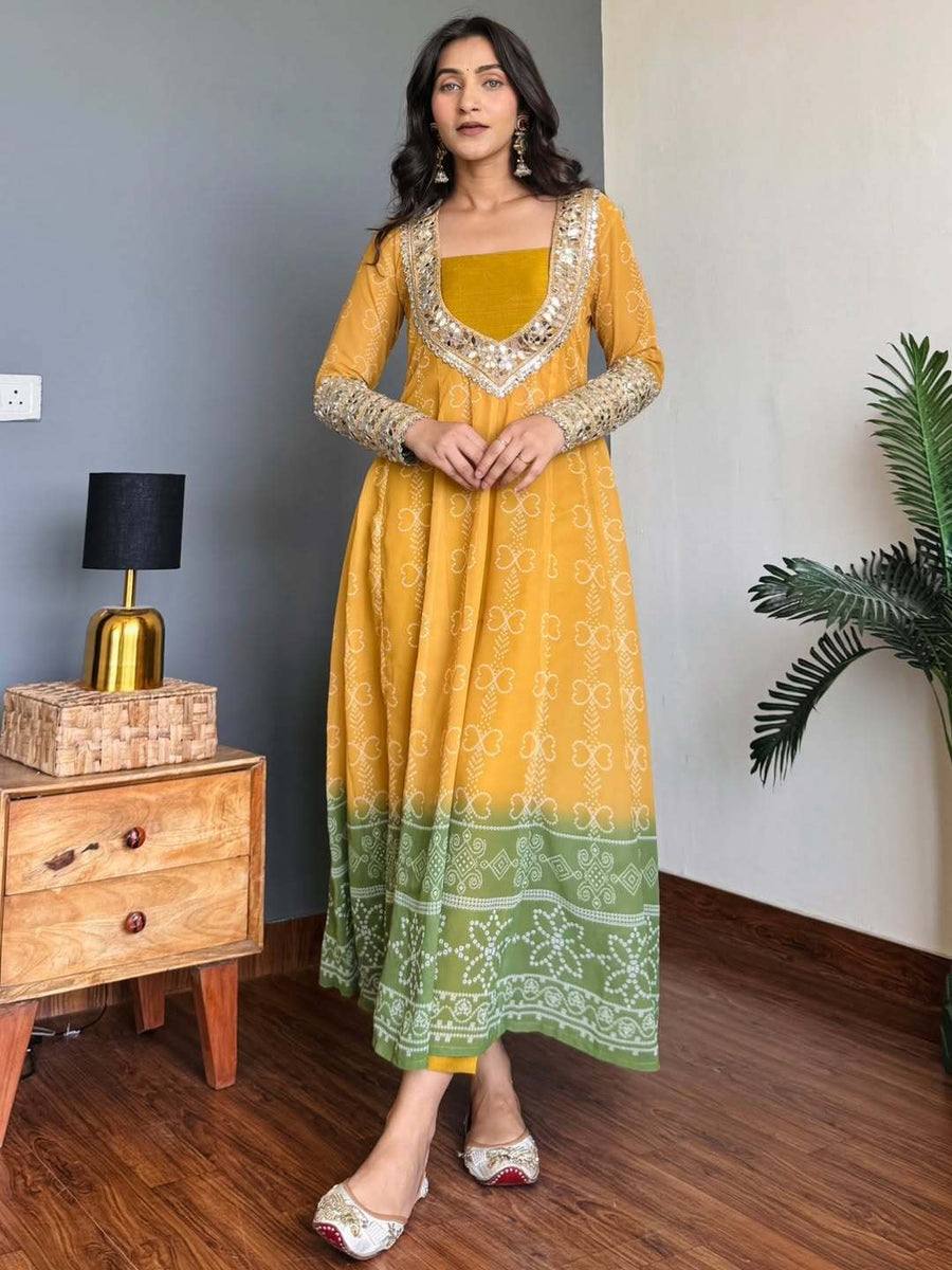 Mustard Yellow & Sage Green Bandhani Print Anarkali Kurta with Mirror Work