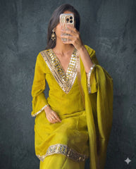 Designer Mustard Yellow Kurti with Mirror Border and Matching Palazzos