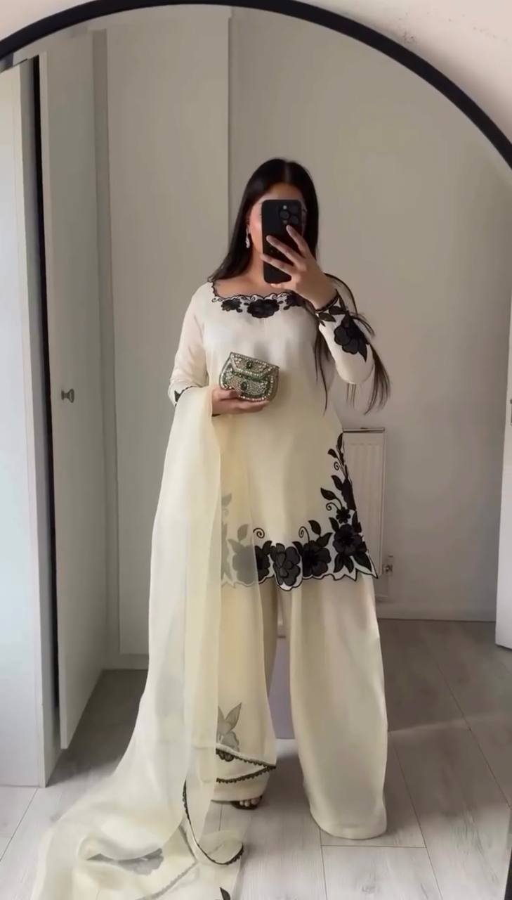 Designer White Silk Kurti with Palazzo and Matching Dupatta Set