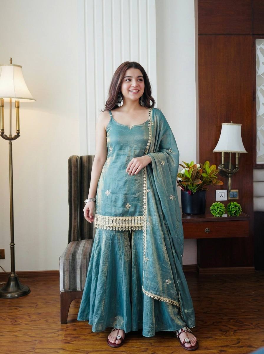 Silk Blend Sharara Kurta Set with Embroidered Borders & Matching Dupatta