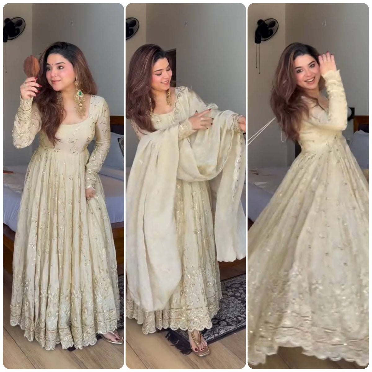 Designer Off-White Long Gown Style Suit with Scalloped Border Dupatta