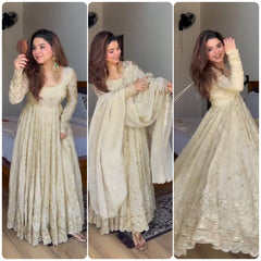 Designer Off-White Long Gown Style Suit with Scalloped Border Dupatta
