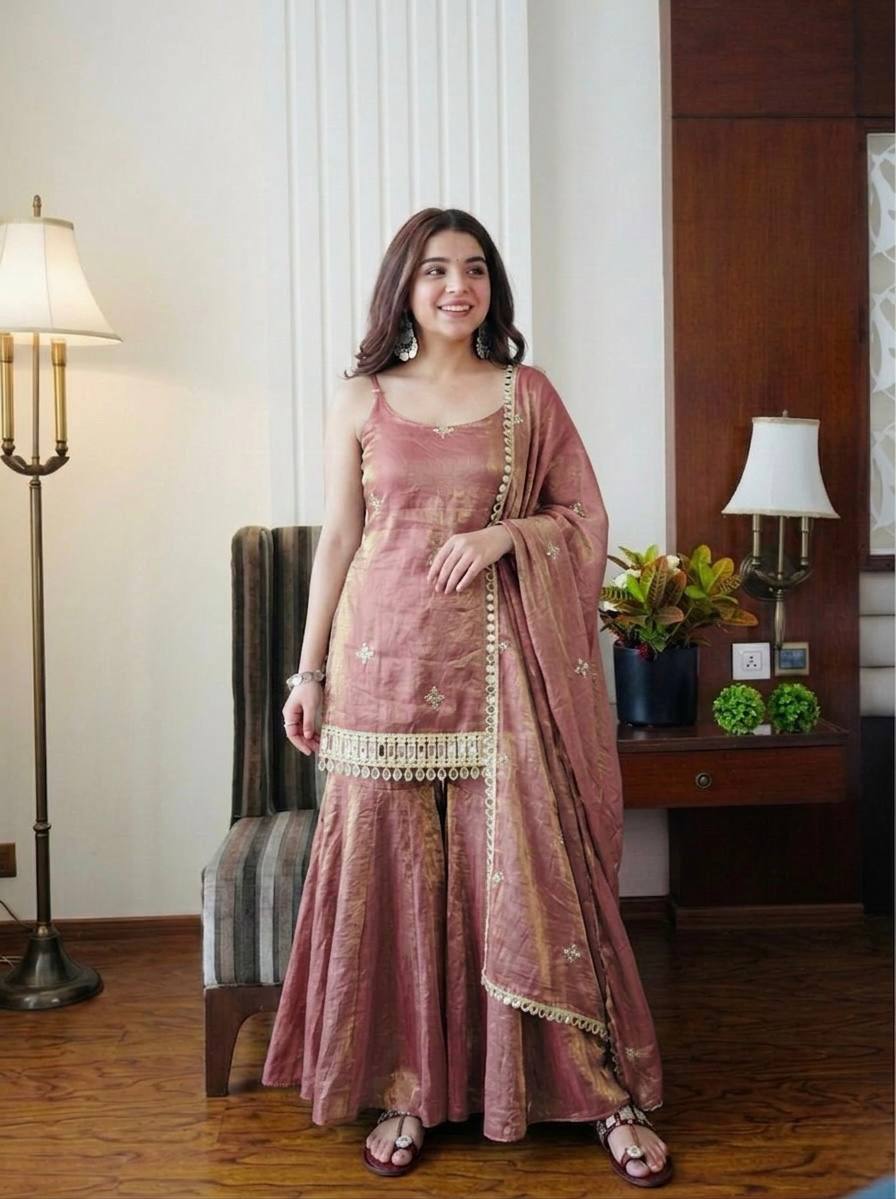Designer Mauve Silk Blend Sharara Set with Scalloped Dupatta