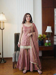 Designer Mauve Silk Blend Sharara Set with Scalloped Dupatta