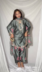 Premium Grey Silk Salwar Suit with Pink Floral Embroidery & Organza Dupatta