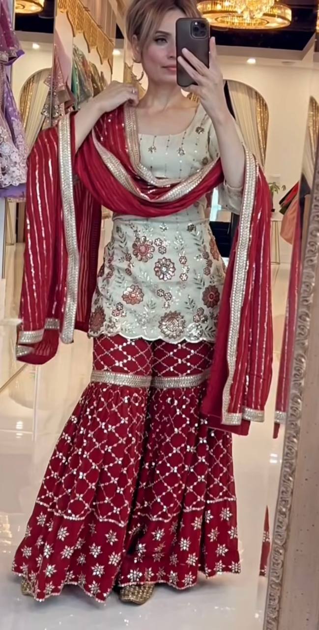 Designer Pastel Green Kurti & Deep Red Sharara Set with Scalloped Border