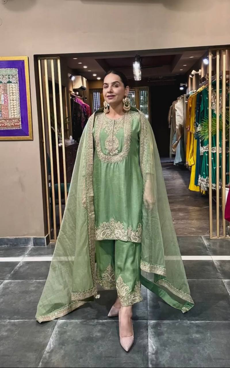 Designer Sage Green Embroidered Salwar Kameez Set for Weddings & Festive Wear
