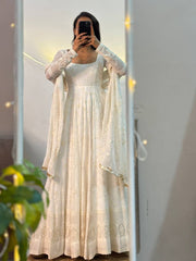 Designer Off-White Full-Sleeve Lucknowi Style Chikankari Anarkali Set
